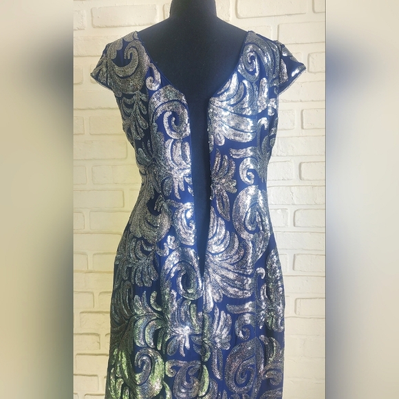 Adrianna Papell Sequin Chiffon Cocktail Dress Cap Sleeve Blue Silver Size 8 - Picture 13 of 16